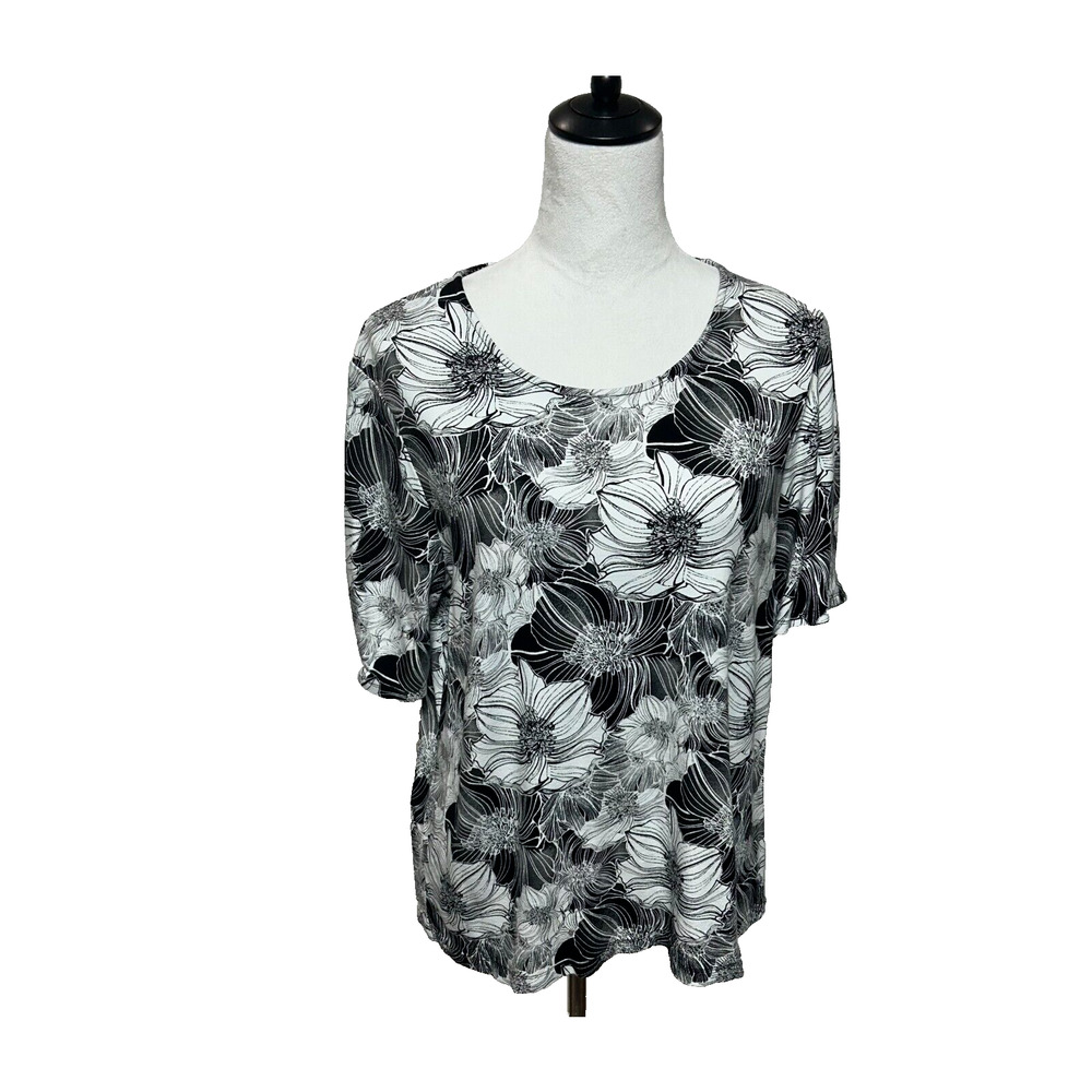 Chicos Top Womens Large 2 Black White Floral Short Sleeve Rayon Blend Blouse Tee